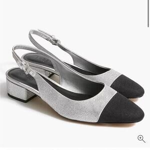 J. Crew Rhinestone Low Heel Slingbacks Silver and Black Size 9‎ CD242 Formal